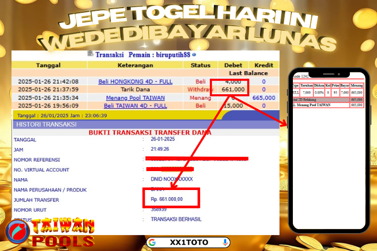 XX1TOTO BUKTI PEMBAYARAN JACKPOT TOGEL 4D JITU TAIWAN RP. 660,000 DIBAYAR LUNAS