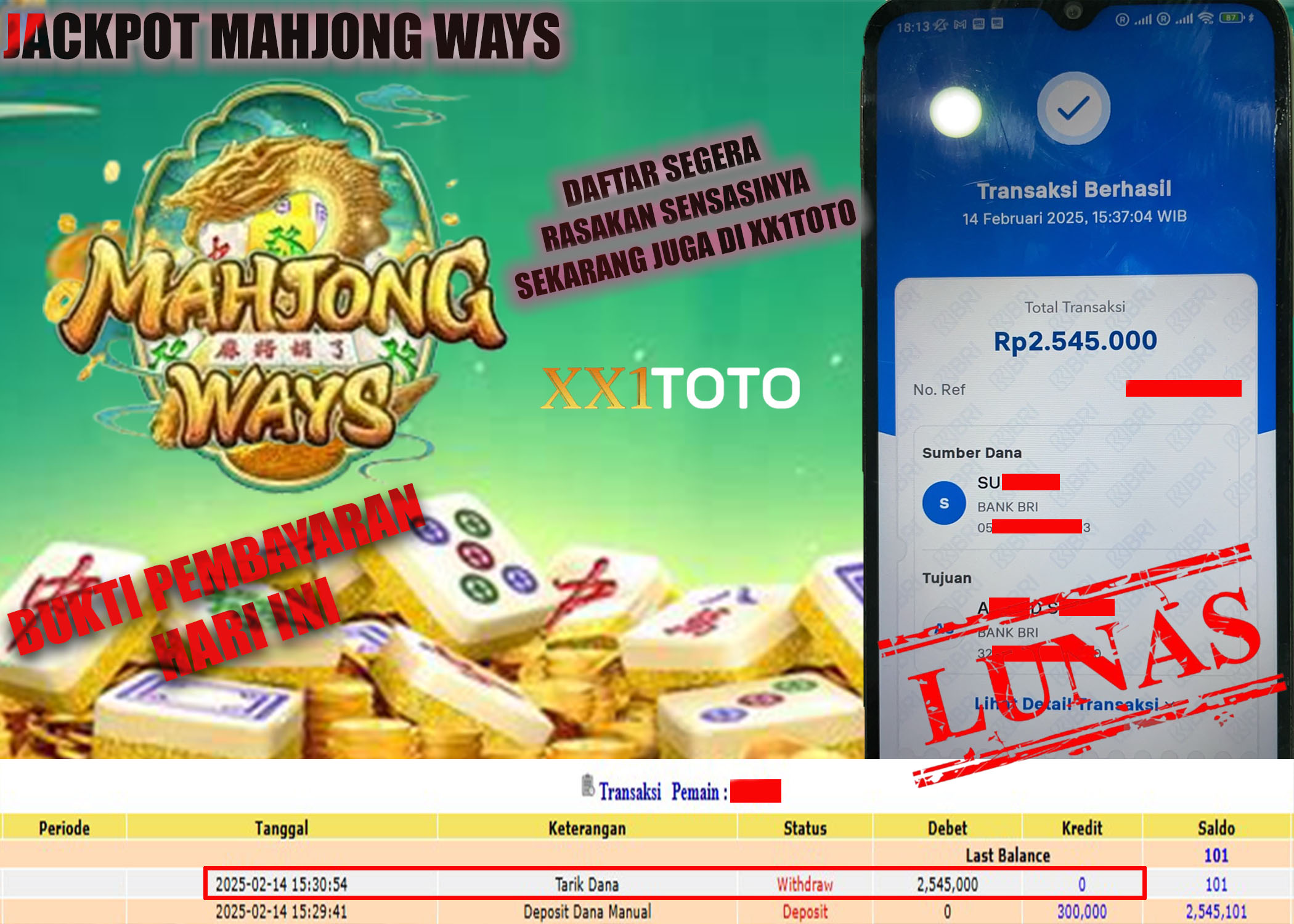 XX1TOTO BUKTI PEMBAYARAN JACKPOT MAHJONG WAYS 2 RP.2,545,000- DIBAYAR LUNAS