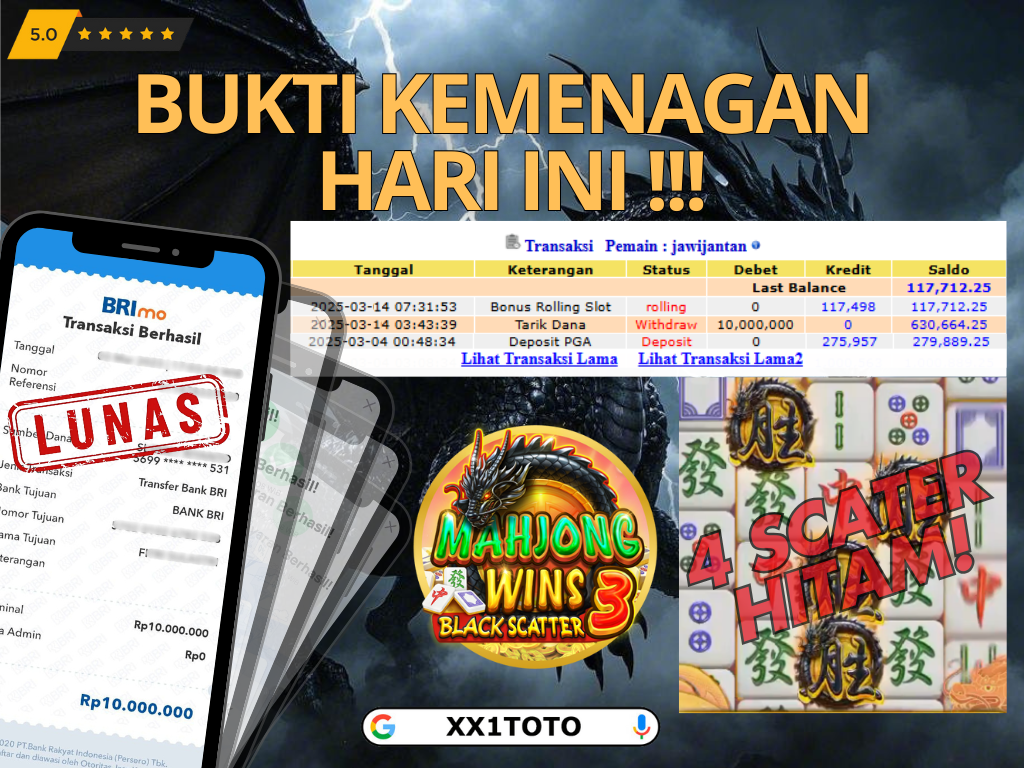 XX1TOTO BUKTI PEMBAYARAN JACKPOT SLOT MAHJONG WINS 3 RP. 10.000.000 DIBAYAR LUNAS