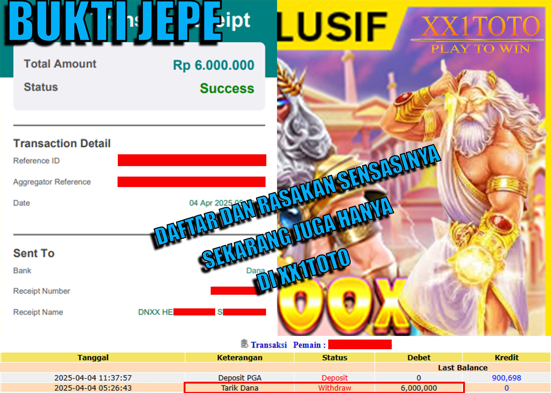 XX1TOTO BUKTI PEMBAYARAN JACKPOT 15000 X MANIA RP.6,000,000- DIBAYAR LUNAS