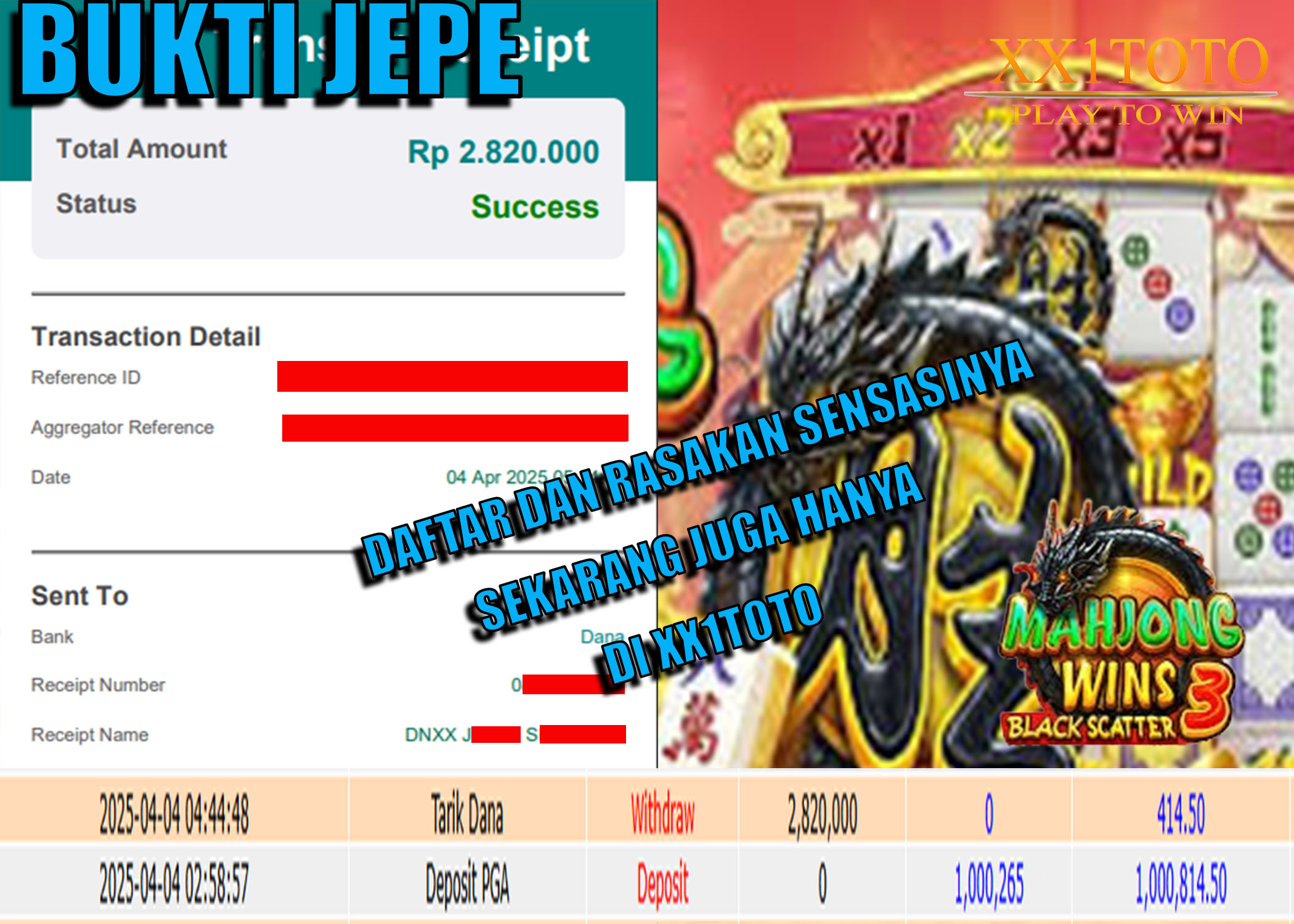 XX1TOTO BUKTI PEMBAYARAN JACKPOT MAHJONG WINS 3 BLACK SCATTER RP.2,820,000- DIBAYAR LUNAS